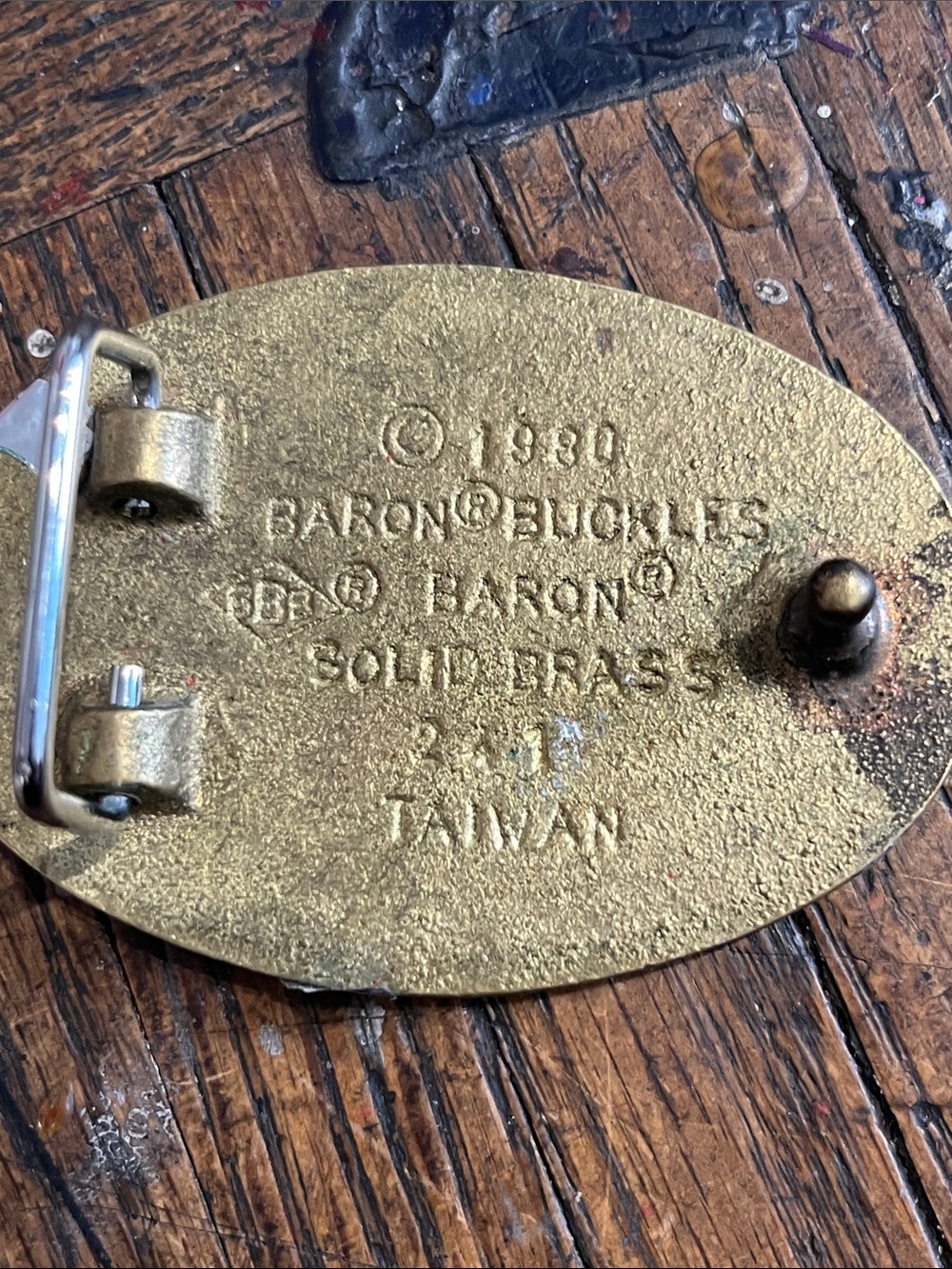 1980 vintage rainbow rhinestones Baron Solid Brass Belt Buckle -solid brass mark